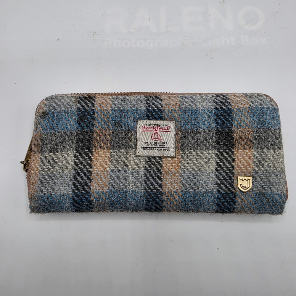 Harris Tweed Blue Plaid Wool Zip Around Continental Wallet Scotland Handwoven